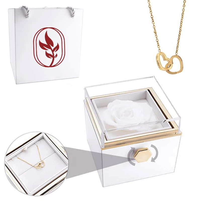 Coffret Rose Éternelle avec Collier Personnalisé Blanc Or