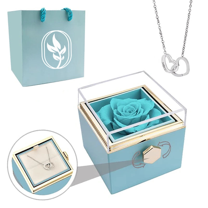 Coffret Rose Éternelle avec Collier Personnalisé Bleu Clair Argent