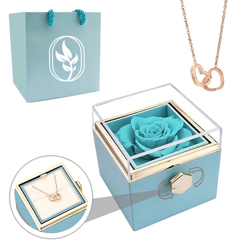 Coffret Rose Éternelle avec Collier Personnalisé Bleu Clair Or Rose