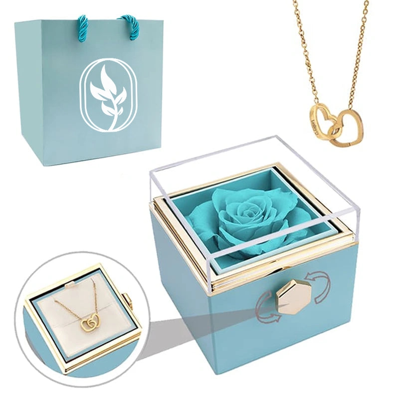 Coffret Rose Éternelle avec Collier Personnalisé Bleu Clair Or