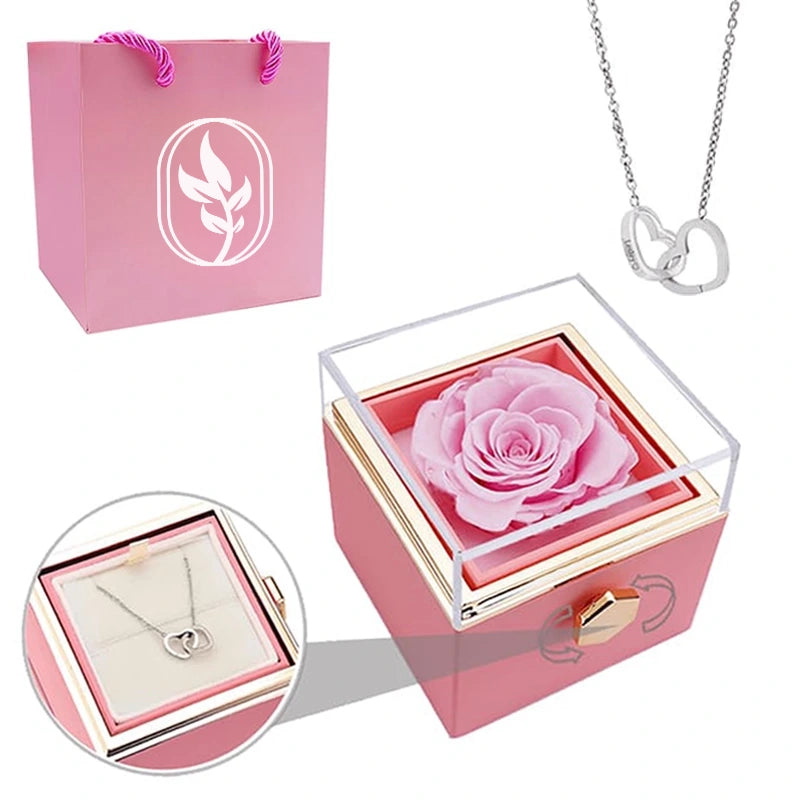 Coffret Rose Éternelle avec Collier Personnalisé Rose Argent
