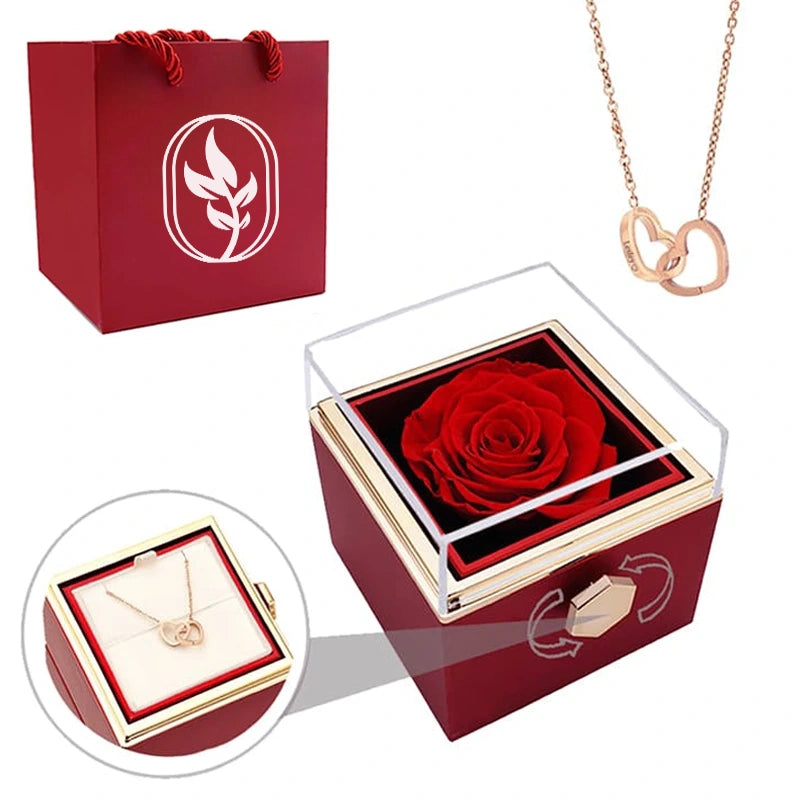 Coffret Rose Éternelle avec Collier Personnalisé Rouge Or Rose