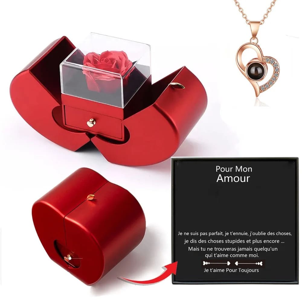 Collier Je T'aime en 100 Langues Coeur Or Rose