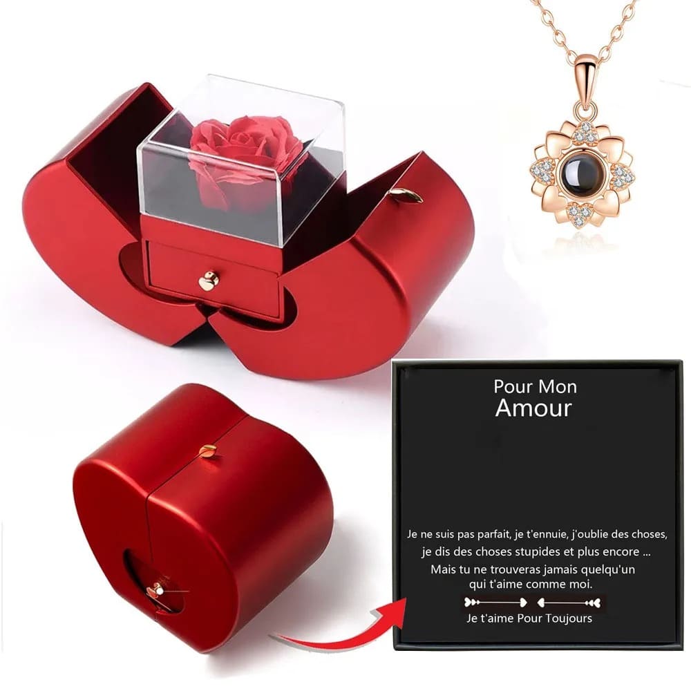 Collier Je T'aime en 100 Langues Fleur Or Rose