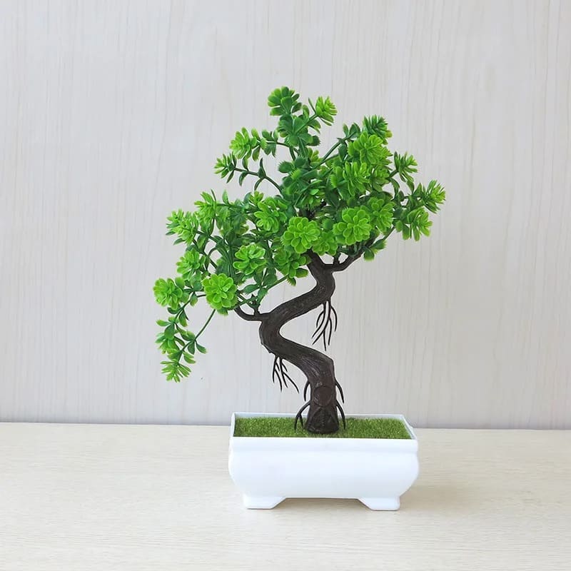Mini Bonsaï Artificiel avec des feuilles vertes dans un pot blanc