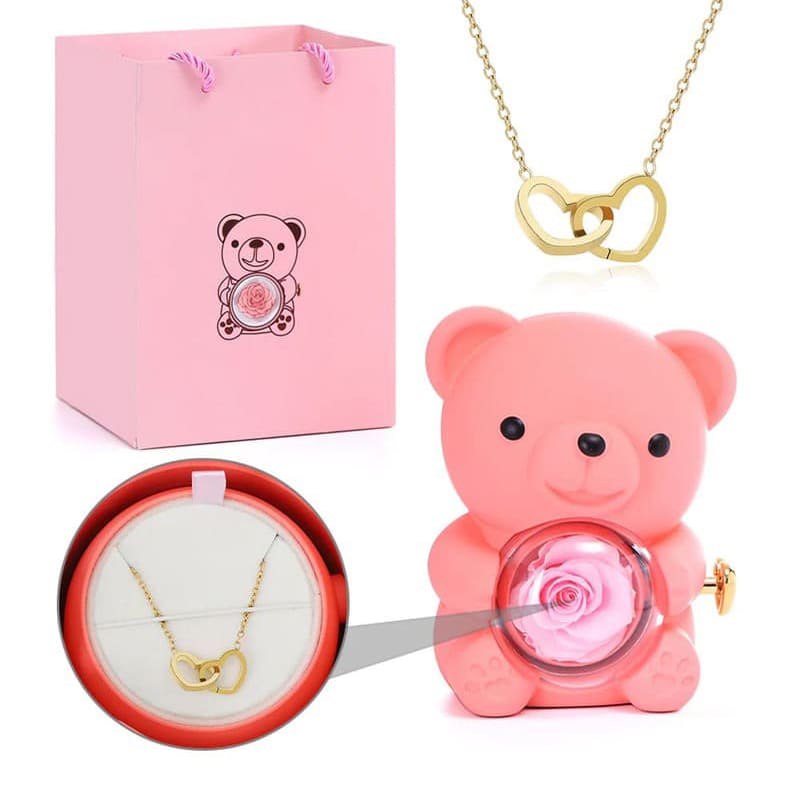 Ours Rose Éternelle avec Collier Personnalisé Or