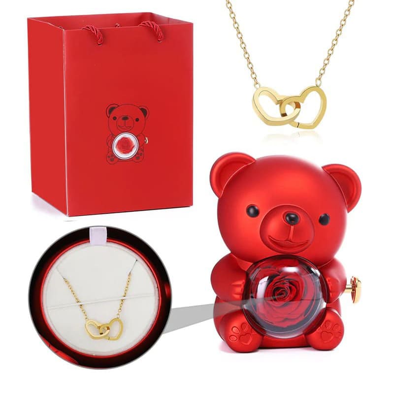 Ours Rose Éternelle avec Collier Personnalisé Or
