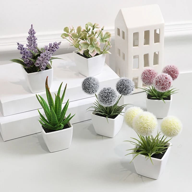 Mini Plante Artificielle OFFIDIX Avec Vase Carré Blanc - Décoration Bureau Et Maison