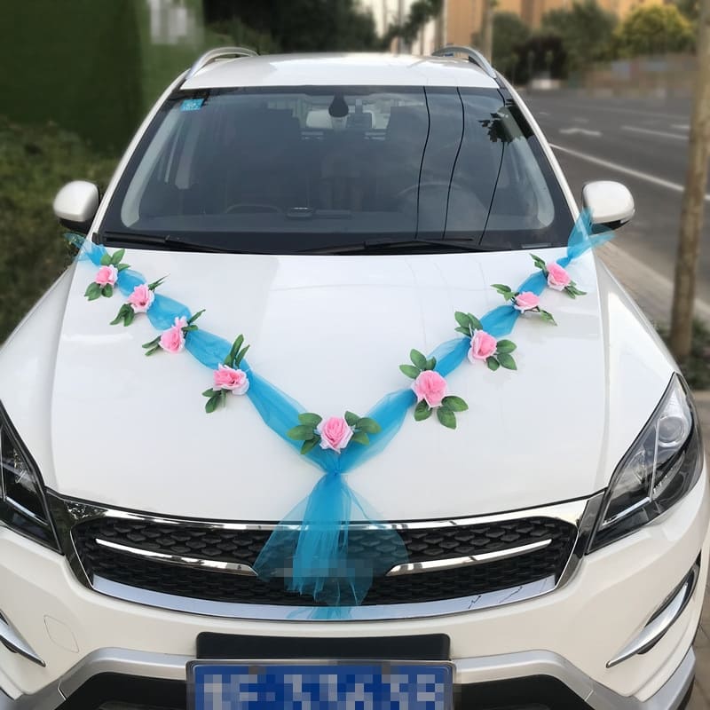 Rose Fleur Voiture Mariage Rose Ruban Bleu