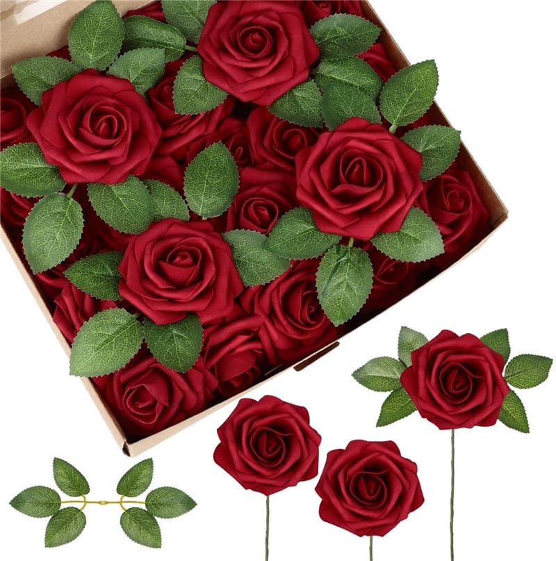 Roses Artificielles en Mousse Rouge Foncé