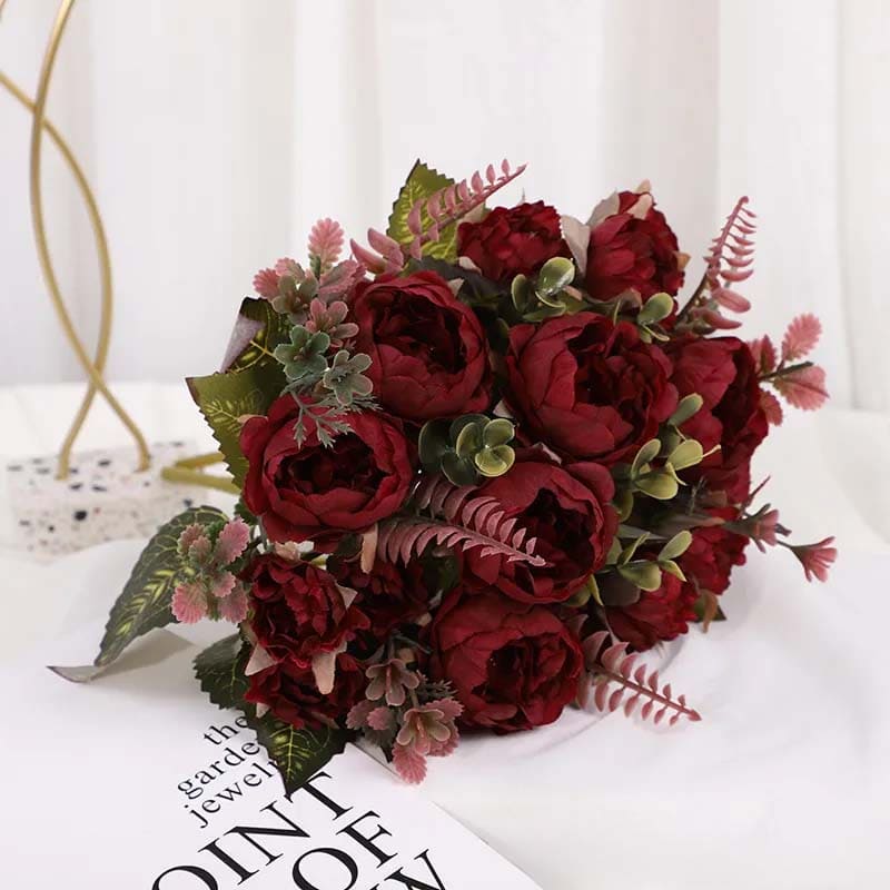 Bouquet Fleurs Artificielles Cimetière Rouge Foncé