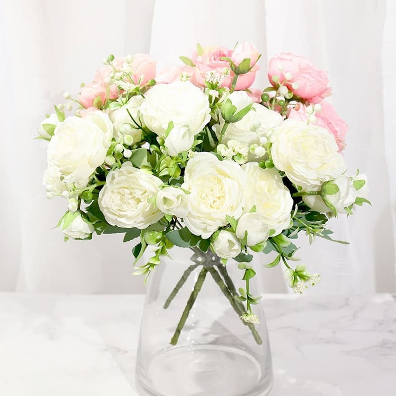 Bouquet de Pivoines Artificielles Blanches et Roses en pot