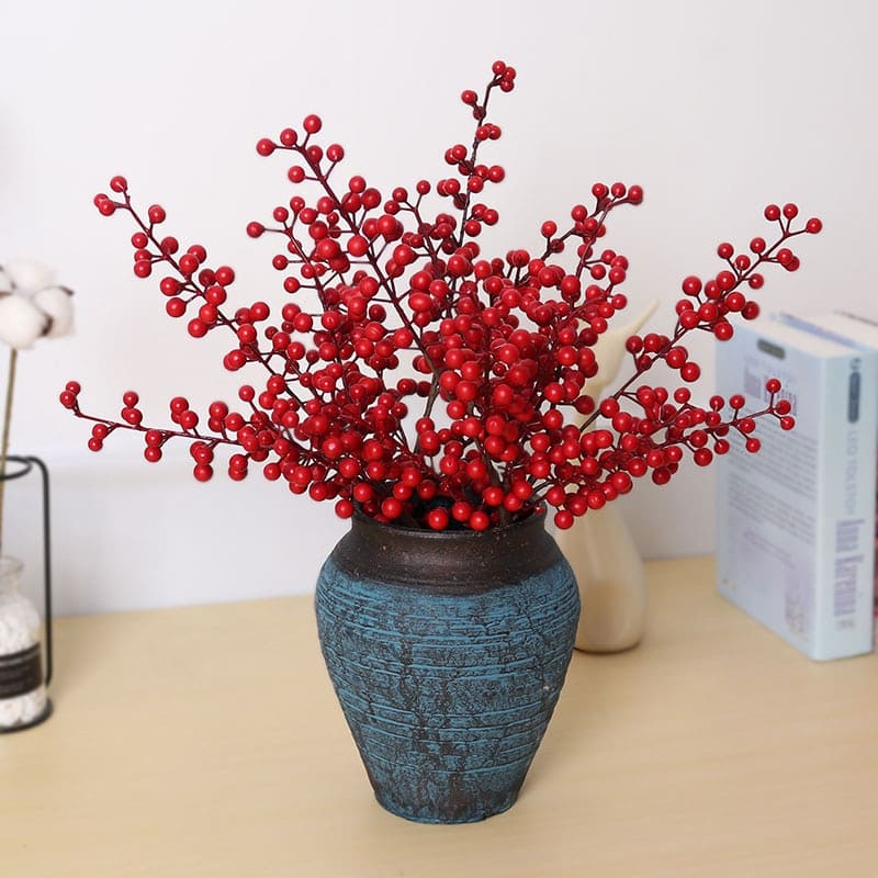 Branches de Baies Rouges Artificielles Vase