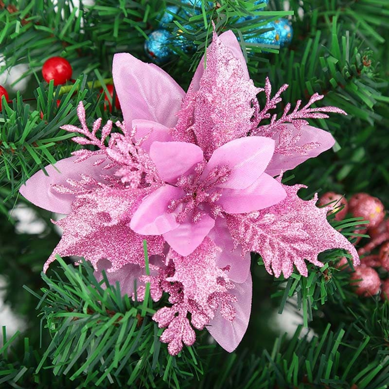 10 Fleurs De Noël à Paillettes Avec Clips - Décoration Sapin, Couronne, Guirlande, Couleur Or