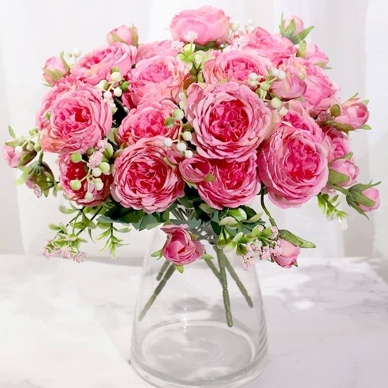 Bouquet de Pivoines Artificielles Rose Fuchsia en Pot
