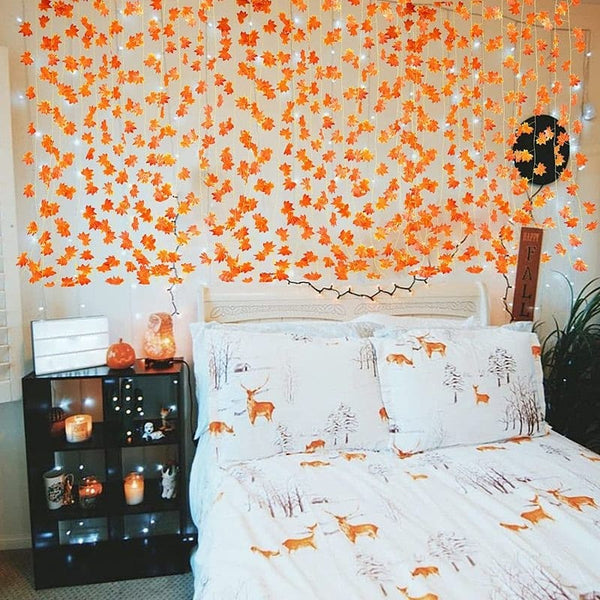 Guirlande Feuilles D’érable Artificielle Automne - 2 X 175 Cm + Crochets - Décoration Saisonnière Orange/rouille - 6