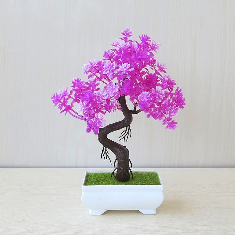 Mini Bonsaï Artificiel avec des fleurs fuchsia dans un pot blanc