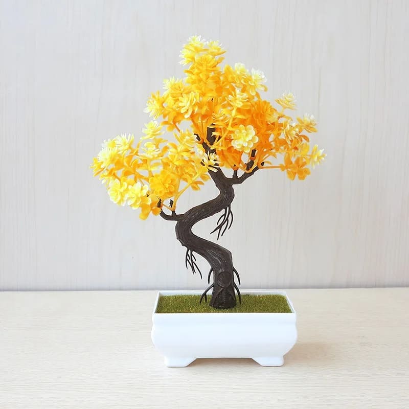 Mini Bonsaï Artificiel avec des fleurs jaunes dans un pot blanc