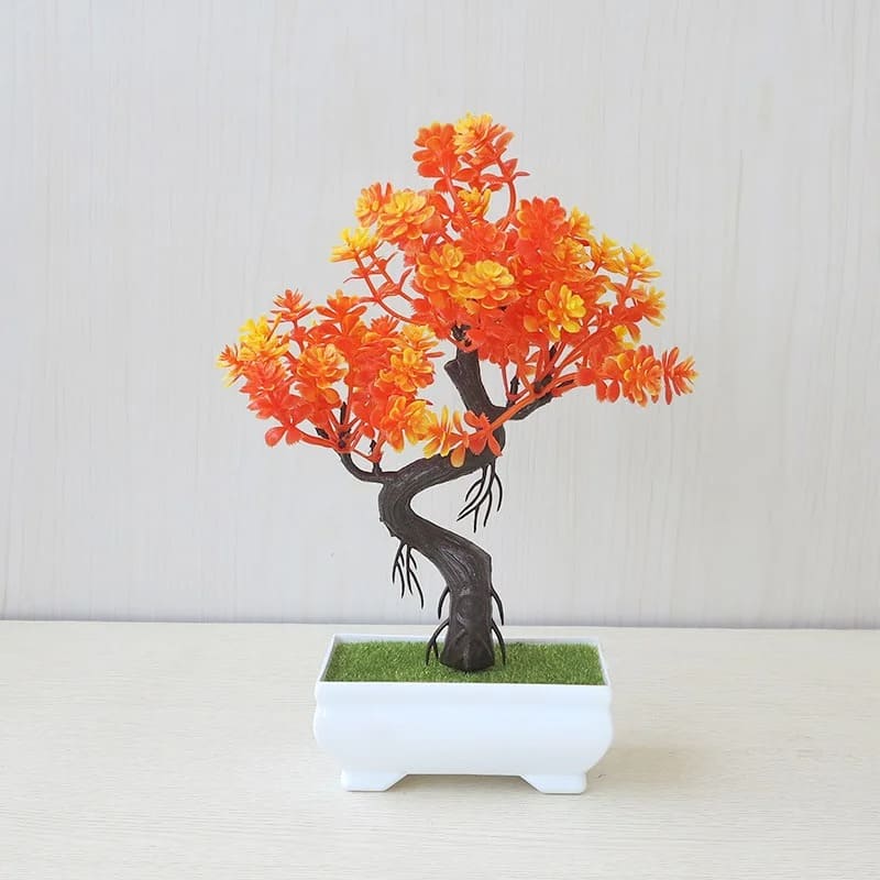 Mini Bonsaï Artificiel avec des fleurs orange dans un pot blanc