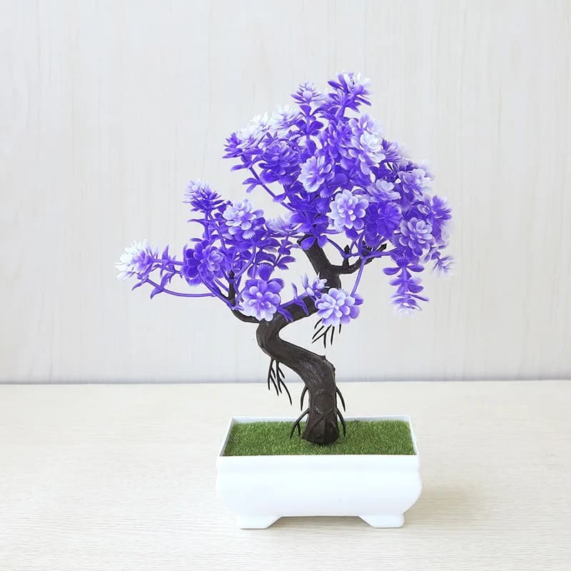 Mini Bonsaï Artificiel avec des fleurs violettes dans un pot blanc