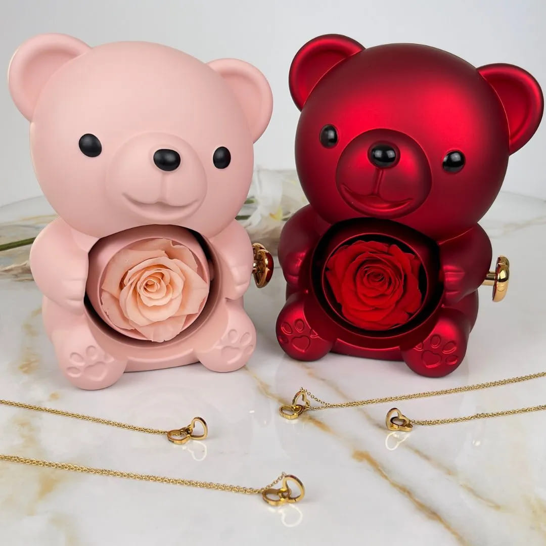 Ours Rose Éternelle avec Collier Personnalisé Saint-Valentin