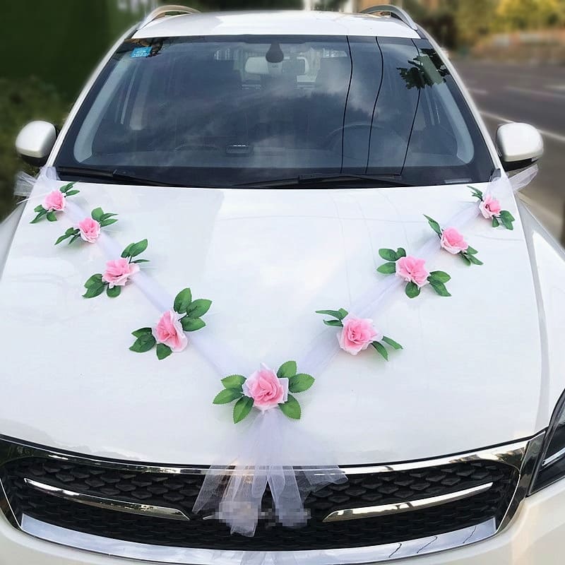 Ruban de voiture de mariage, Décorations de voiture de mariage, Fleurs  artificielles roses romantiques et ruban blanc, Décoration de voiture de