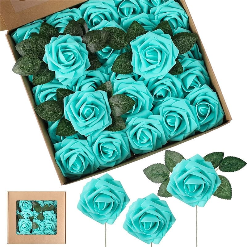 Roses Artificielles en Mousse Bleu Vert