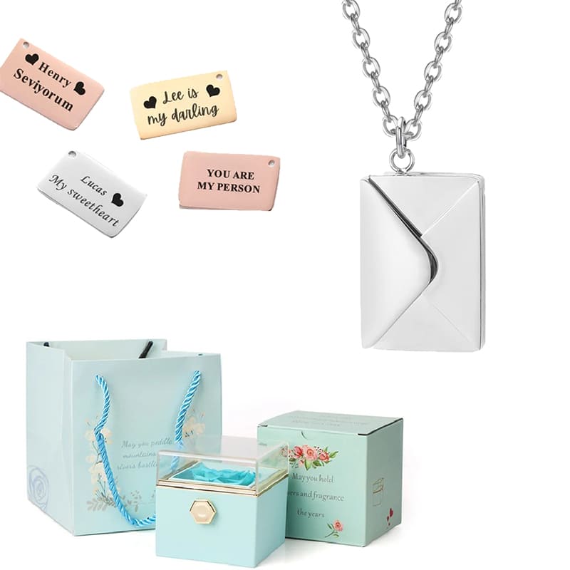 coffret rose éternelle collier lettre personnalisée bleu clair argent