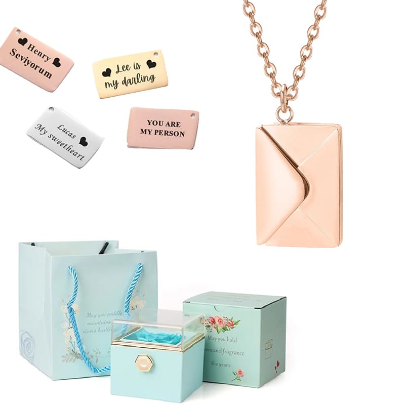 coffret rose éternelle collier lettre personnalisée bleu clair or rose