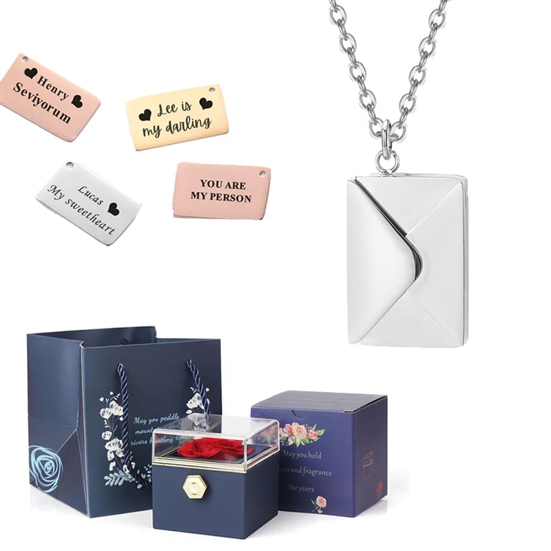 coffret rose éternelle collier lettre personnalisée bleu foncé argent