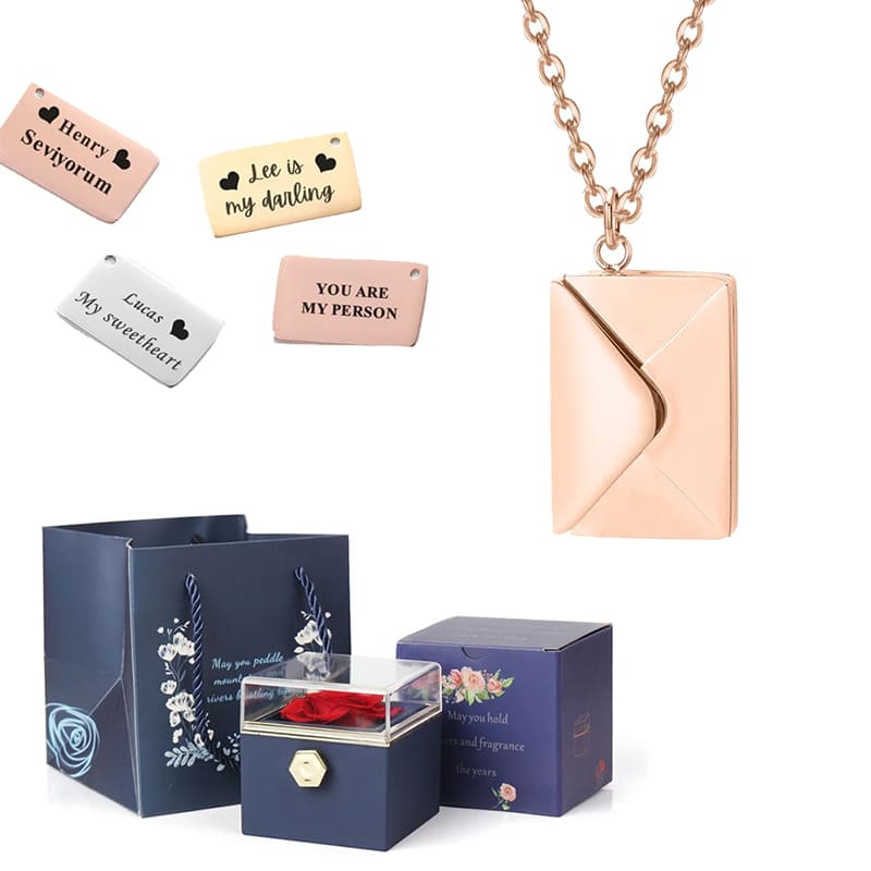 coffret rose éternelle collier lettre personnalisée bleu foncé or rose