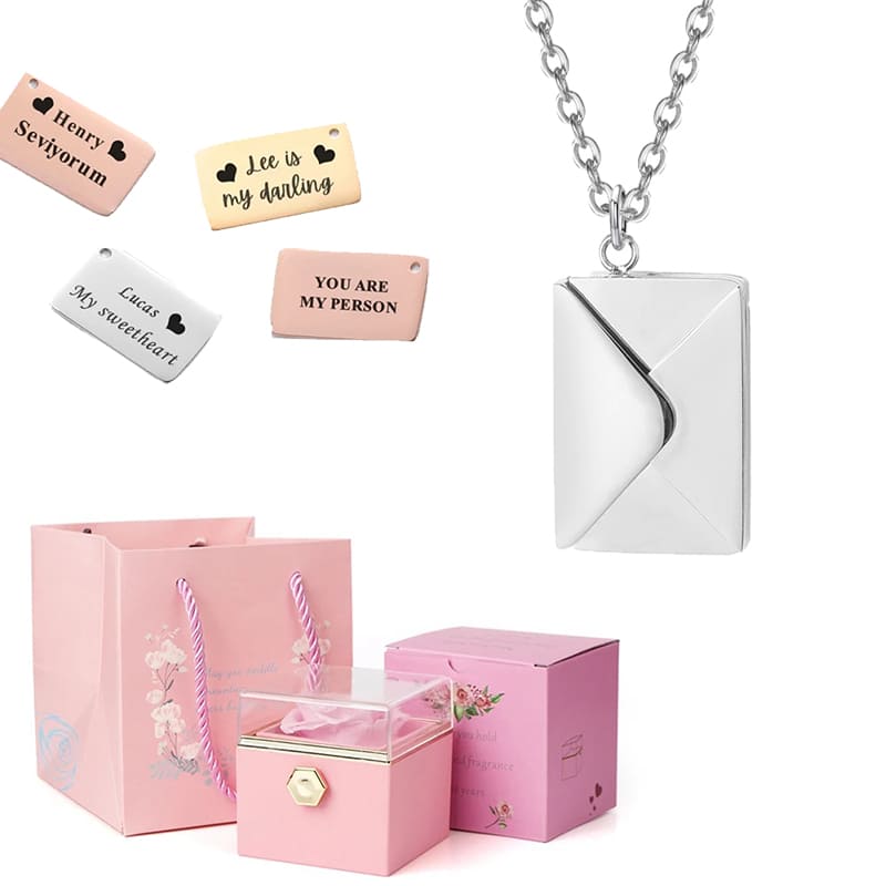 coffret rose éternelle collier lettre personnalisée rose argent