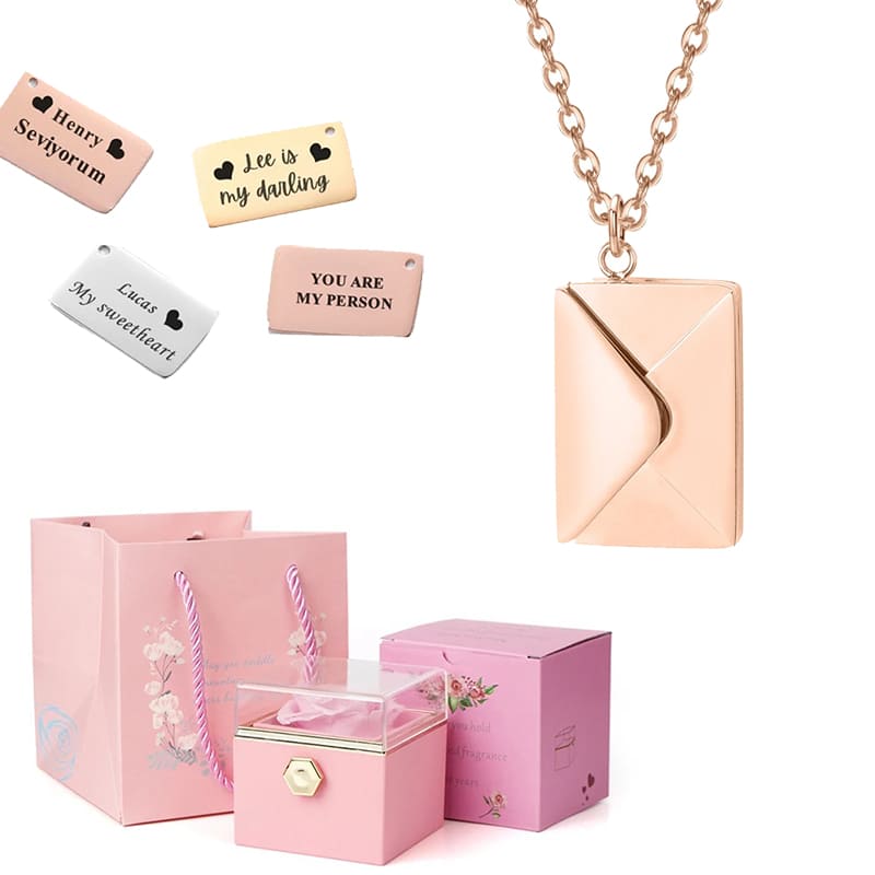 coffret rose éternelle collier lettre personnalisée rose or rose