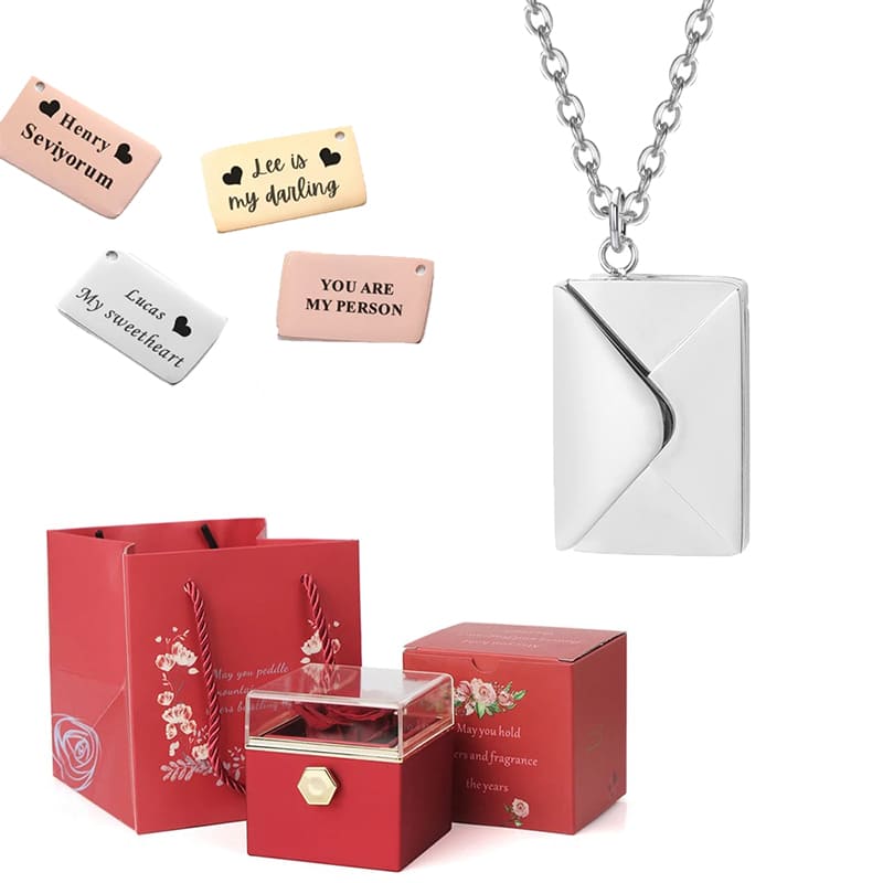 coffret rose éternelle collier lettre personnalisée rouge argent