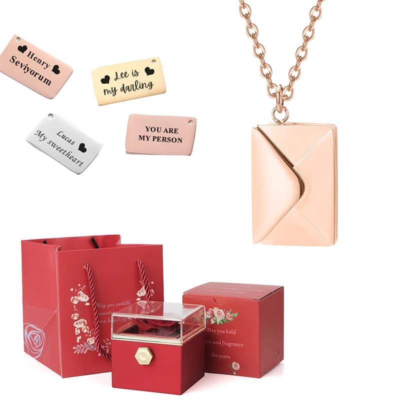 coffret rose éternelle collier lettre personnalisée rouge or rose